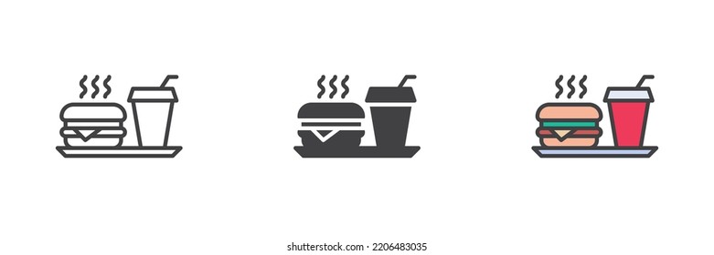 La hamburguesa y la gaseosa beben un conjunto de iconos de estilo diferente. Versión colorida de línea, glifo y contorno relleno, contorno de Cheeseburger y cóctel y signo vectorial relleno. Símbolo, ilustración del logotipo. Gráficos vectoriales