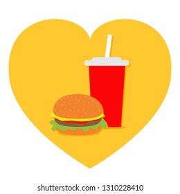 Burger. Soda drink glass with straw Icon set. Heart shape. I love Movie Cinema. Fast food menu. Flat design. White background. Isolated. Vector illustration