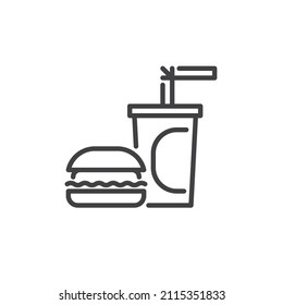 Burger and soda drink line icon. linear style sign for mobile concept and web design. Hamburger and cola  outline vector icon. Fast food symbol, logo illustration. Vector graphics