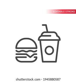 Burger and soda drink line vector icon. Fast food outline symbol, editable stroke.