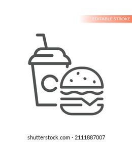Burger and soda, fast food and drink icon. Outline, editable stroke symbol.