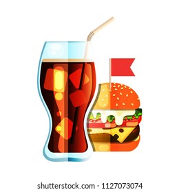 Burger and soda flat design color icon. Fast food. Sandwich with cola. Vector silhouette illustration