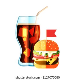 Burger and soda flat design long shadow color icon. Fast food. Sandwich with cola. Vector silhouette illustration