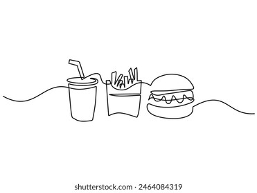 Burger, soda and french fries fast food in continuous line art drawing style. Fast food minimalist concept isolated on white background.