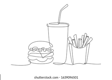 Burger, Soda And French Fries Takeout Food In Continuous Line Art Drawing Style. Fast Food Minimalist Black Linear Sketch Isolated On White Background. Vector Illustration