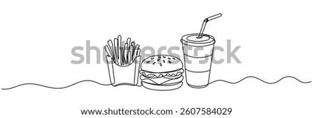 Burger, soda and french fries takeout food in continuous line art drawing style. Fast food minimalist black linear sketch isolated on white background. Editable stroke