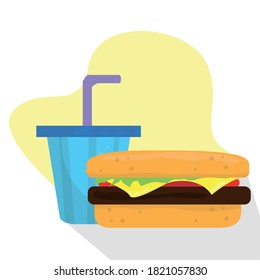 Burger and soda glass. Fast food - Vector