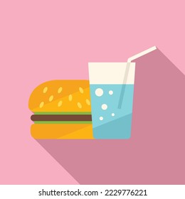 Burger soda glass icon flat vector. Dinner food. School snack