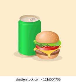 Burger and soda in a green tin can - cute cartoon colored picture. Graphic design elements for menu, packaging, advertising, poster, brochure or background. Vector illustration of fast food