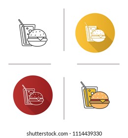 Burger and soda icon. Fast food. Sandwich with lemonade. Flat design, linear and color styles. Isolated vector illustrations