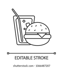 Burger and soda linear icon. Thin line illustration. Fast food. Sandwich with lemonade. Contour symbol. Vector isolated drawing. Editable stroke