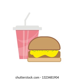 Burger and soda in a paper cup - cute cartoon colored picture. Menu design elements. Vector illustration of fast food. eps 10.