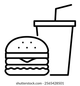 A burger and soda, representing fast food, casual dining, and quick meals round line vector icon with editable stroke 