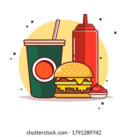 Burger with soda and sauce icon illustration. fast food icon concept isolated. flat cartoon style