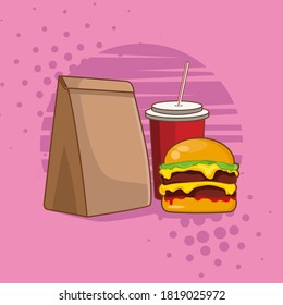 Burger with soda and sauce icon illustration. fast food icon concept isolated. flat cartoon style