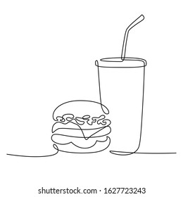 Burger And Soda Takeout Food In Continuous Line Art Drawing Style. Fast-food Minimalist Black Linear Sketch Isolated On White Background. Vector Illustration