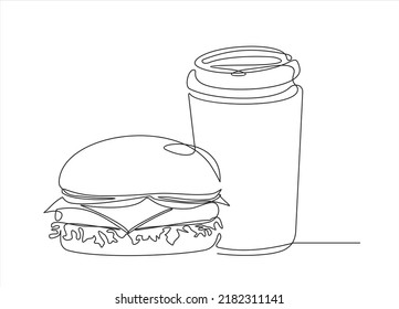 Burger and soda takeout food in continuous line art drawing style. Fast-food minimalist black linear sketch isolated on white background. Vector