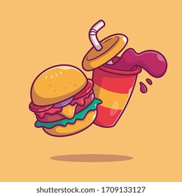 Burger and Soda Vector Icon Illustration. Fast Food Concept Isolated. Flat Cartoon Style Suitable for Web Landing Page, Banner, Flyer, Sticker, Card