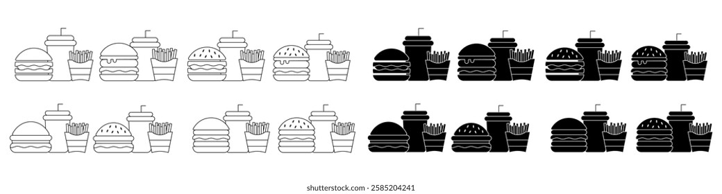 Burger, Soft Drink and French Fries Icon Set. Vector Linear Illustration of Burger, Soda and French Fries. Fast Food Unhealthy Diet in Line Style Design.