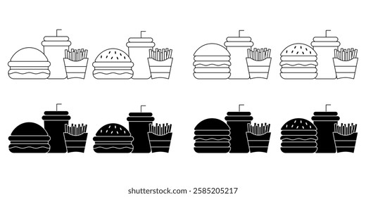 Burger, Soft Drink and French Fries Icon Set. Vector Linear Illustration of Burger, Soda and French Fries. Fast Food Unhealthy Diet in Line Style Design.