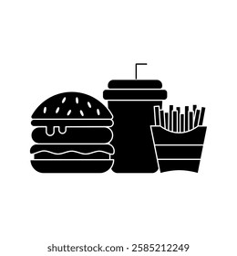 Burger, Soft Drink and French Fries Icon. Vector Linear Illustration of Burger, Soda and French Fries. Fast Food Unhealthy Diet in Line Style Design.