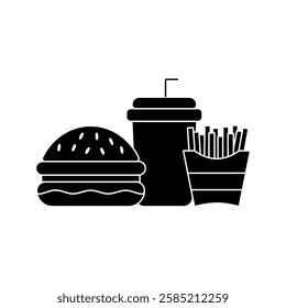 Burger, Soft Drink and French Fries Icon. Vector Linear Illustration of Burger, Soda and French Fries. Fast Food Unhealthy Diet in Line Style Design.