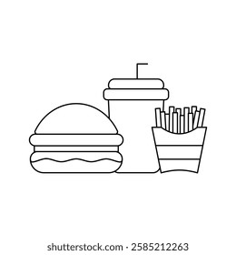 Burger, Soft Drink and French Fries Icon. Vector Linear Illustration of Burger, Soda and French Fries. Fast Food Unhealthy Diet in Line Style Design.