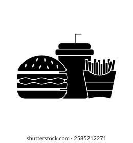 Burger, Soft Drink and French Fries Icon. Vector Linear Illustration of Burger, Soda and French Fries. Fast Food Unhealthy Diet in Line Style Design.