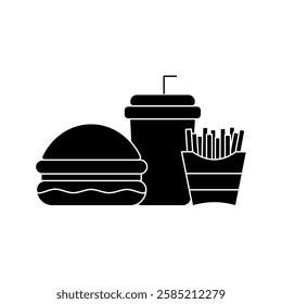 Burger, Soft Drink and French Fries Icon. Vector Linear Illustration of Burger, Soda and French Fries. Fast Food Unhealthy Diet in Line Style Design.