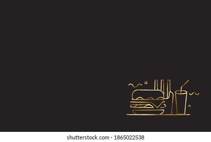 Burger with soft drink gold icon, vector banner, poster design.