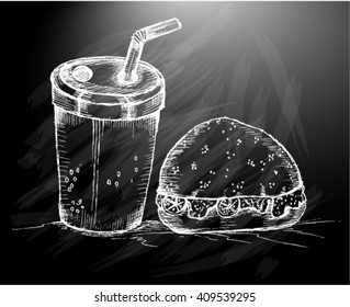 burger, soft drink, sketch