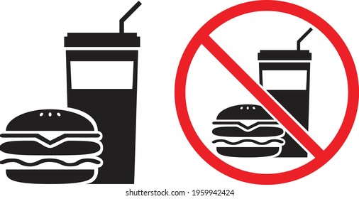 Burger with soft drink vector icon.it is forbidden to bring food from outside.The red circle forbids.
symbol of prohibition in public places.