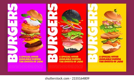 Burger special offer posters. Discount flyers for fast food restaurant. Vector vertical banners with cartoon illustration of flying hamburgers with buns, cheese, grill patty, tomato and egg