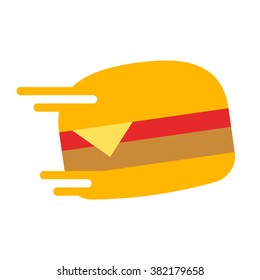 Burger with speed effect. Burger delivery flat vector icon on white background