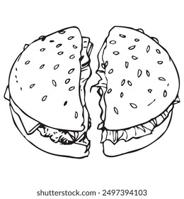 A burger split in two. Illustration in black and white and vector format.