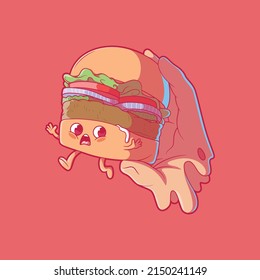 Burger squeezed by hand vector illustration. Funny, food, mascot design concept.