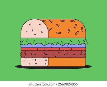 Burger stacked high in symmetric shape cartoon retro hand drawn illustration