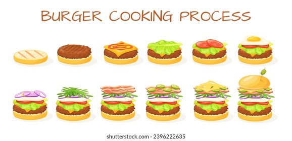 Burger stages. Cheeseburger homemade making process, tasty hamburger layers with bun cheese tomato lettuce bacon delicious sandwich ingredient cartoon game neat vector illustration