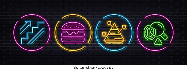 Burger, Stairs and Pyramid chart minimal line icons. Neon laser 3d lights. Fingerprint icons. For web, application, printing. Hamburger food, Stairway, Report analysis. Biometric scan. Vector