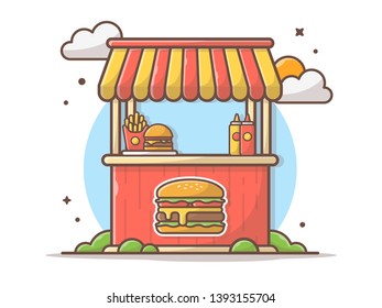 Burger Stand Fast Food Street Shop with French Fries and Sauce Vector Icon Illustration. Flat Cartoon Style Suitable for Web Landing Page,  Banner, Flyer, Sticker, Wallpaper, Card, Background