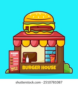 Burger Stand on the Roadside Cartoon Icon Illustration. Street Food Icon Concept