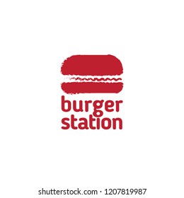 Burger station white logo with red background . Burger icon. Food symbol. Vector illustration