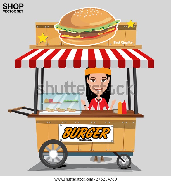 Burger street\
cart with seller. vector\
background.