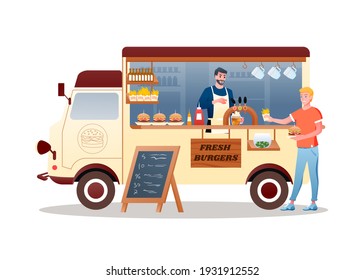 Burger street food market truck vector illustration. Cartoon van car vehicle delivery transport with hamburger fries and beer, man seller character offering fastfood for sale isolated on white