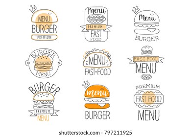 Burger Street Food Promo Labels Collection Stock Vector (Royalty Free ...