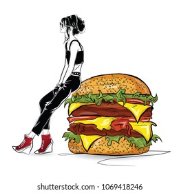 Burger with stylish girl in the sketch style on the white background. Vector illustration.