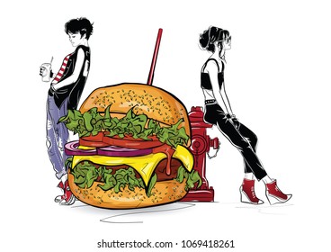 Burger with stylish girl in the sketch style on the white background. Vector illustration.