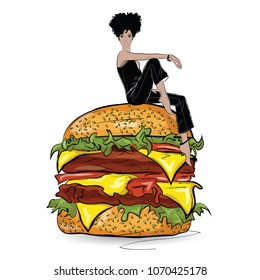 Burger with stylish girl in the sketch style on the white background. Vector illustration.