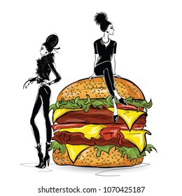 Burger with stylish girl in the sketch style on the white background. Vector illustration.