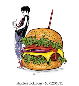 Burger with stylish girl in the sketch style on the white background. Vector illustration.